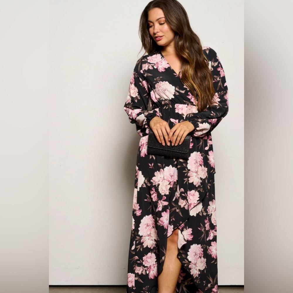 NWT Women's Long Sleeve Floral High Low V-Neck Flowy Party Long Maxi Dress - Picture 5 of 12